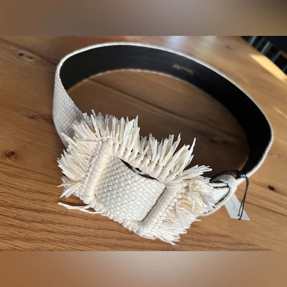 OSCAR DE LA RENTA WOVEN FRINGE TRIM BELT, IVORY, SIZE L, NWT.